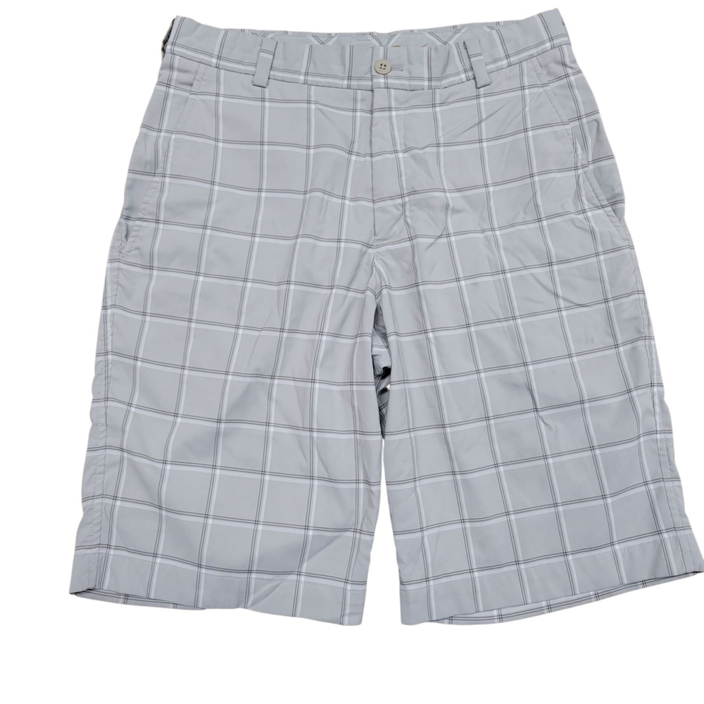 NIKE Dri-Fit 11” Performance Gray White Plaid Golf Shorts Men's 28 Excellent